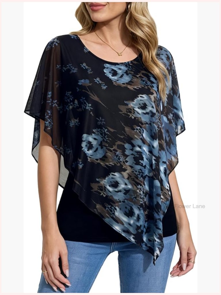 Lightweight Mesh Double-Layered Asymmetrical Poncho Blouse